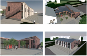 Die Bilder zeigen Projektentwürfe der sanierten Adventschule mit Neubautrakt
