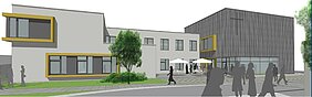 Zu sehen ist ein Modell vom neuen Gemeindezentrum mit Kita in Wasserburg