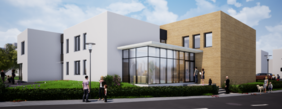 Das Bild zeigt einen Planungsentwurf für das neue Gemeindezentrum mit Kita in Fürth