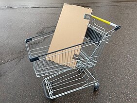 Das Bild zeigt einen Einkaufswaren mit einen Paket darin