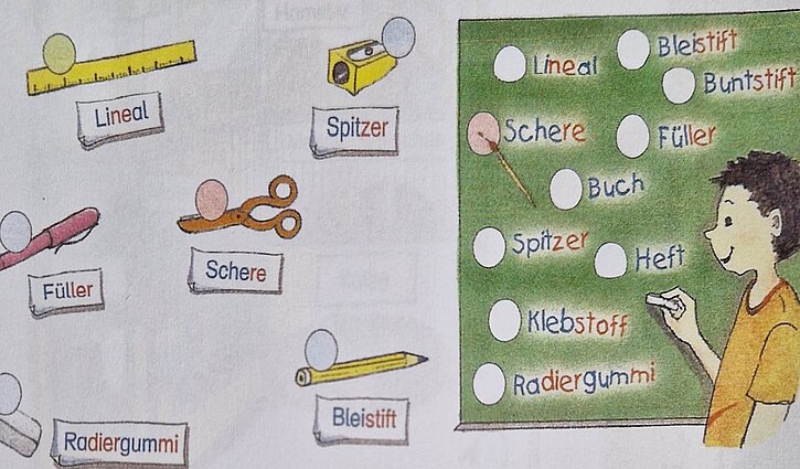 Tafel mit Wörtern aus Schulalltag